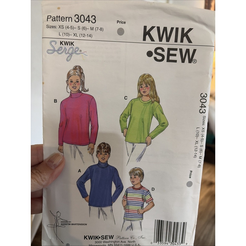 Kwik Sew 3043 Boys Girls Shirts Sewing Pattern Turtleneck Crew Neck XS-XL